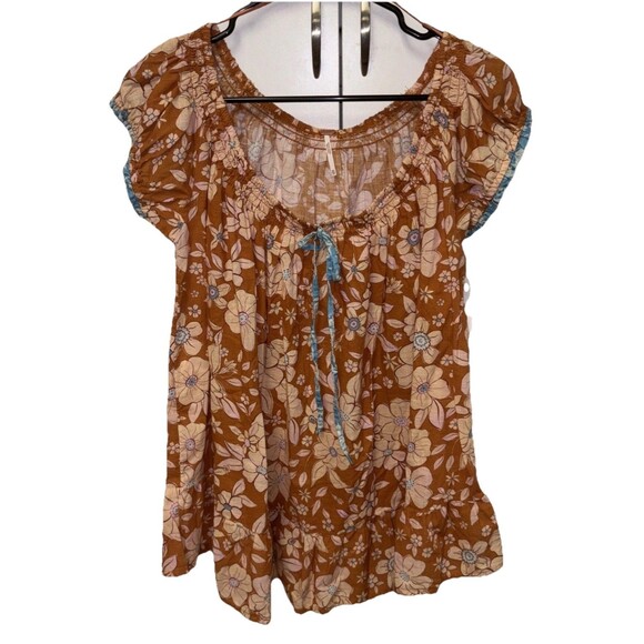Free People Frankie Floral Peasant Tie Neckline Tunic Top XS New Boho Cotton - Picture 15 of 15